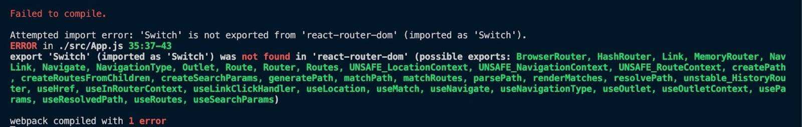 'Switch' is not exported from 'react-router-dom' 错误截图