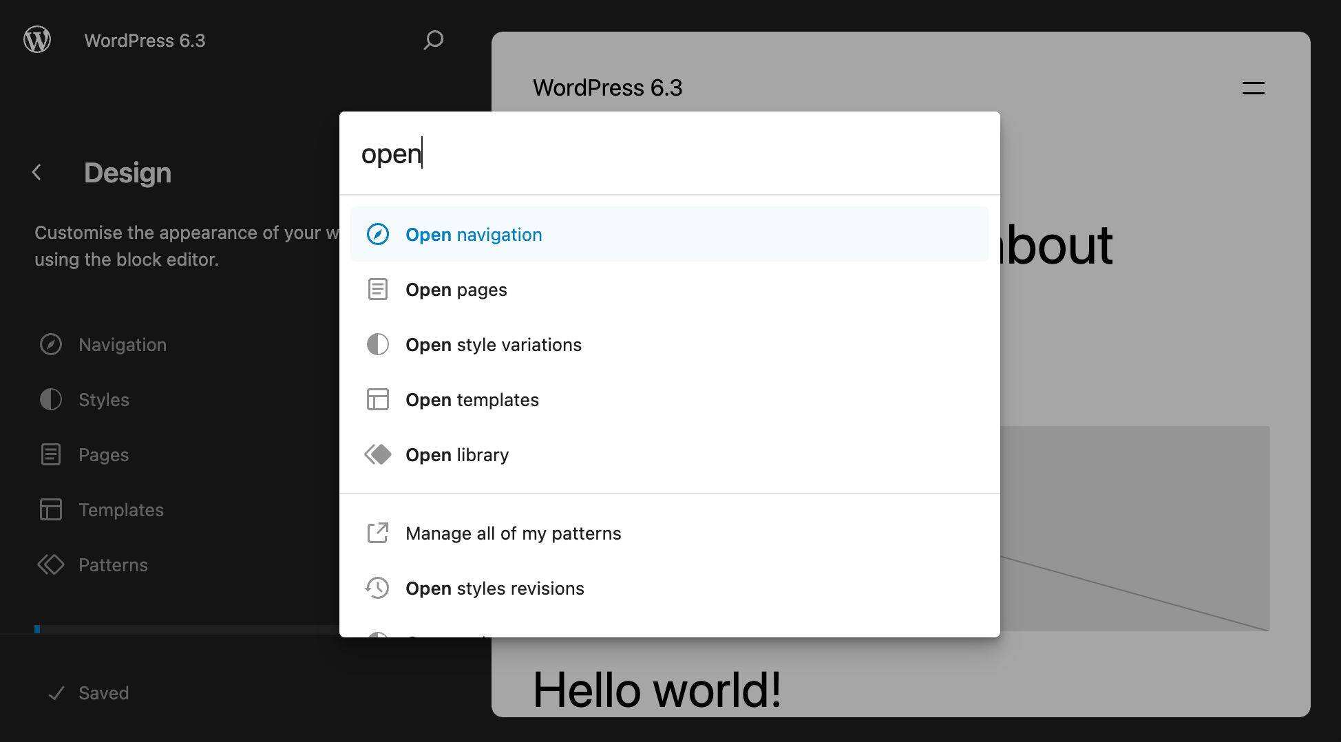 在 WordPress 6.3 中搜索 "打开" 选项
