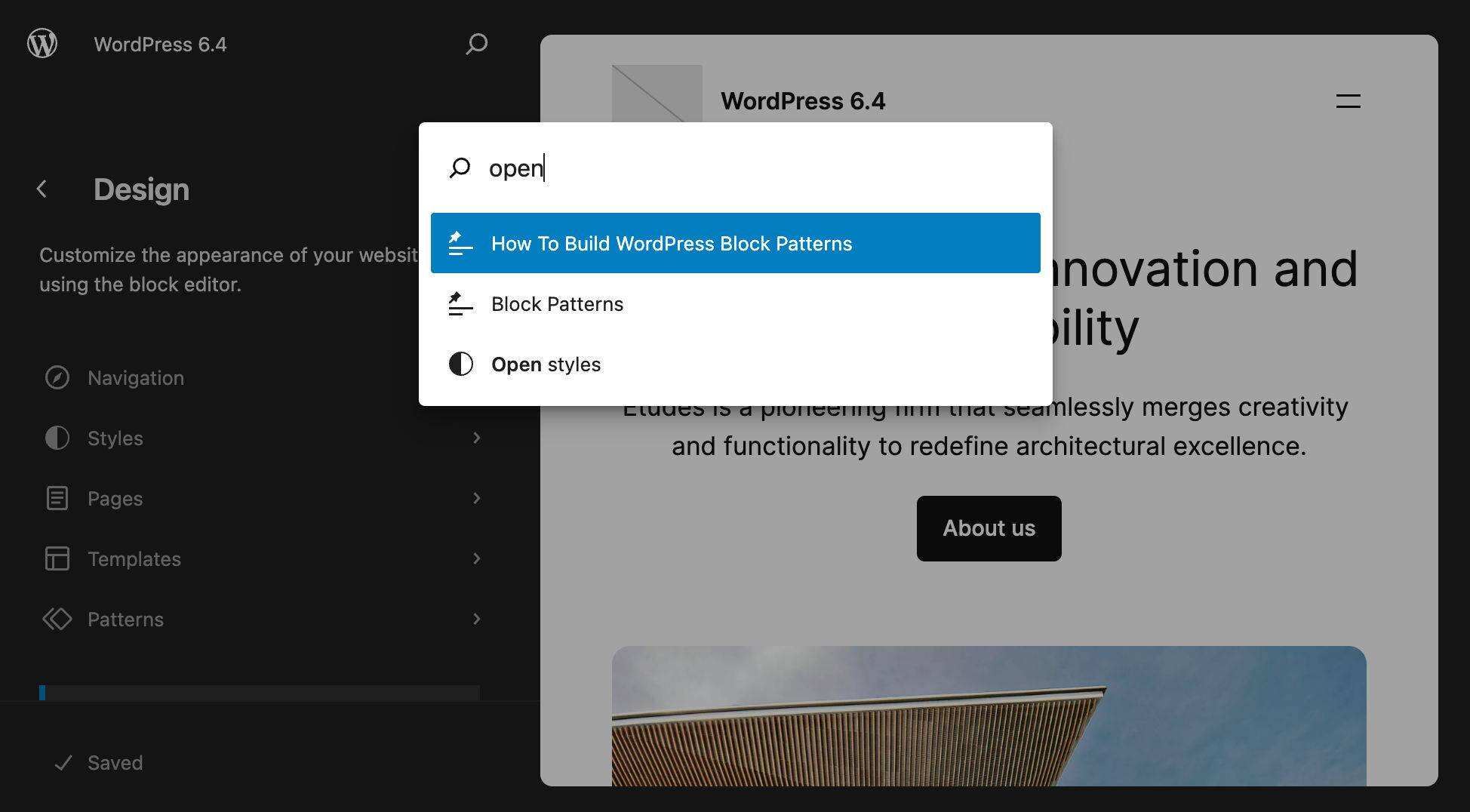 在 WordPress 6.4 中搜索 "打开" 选项