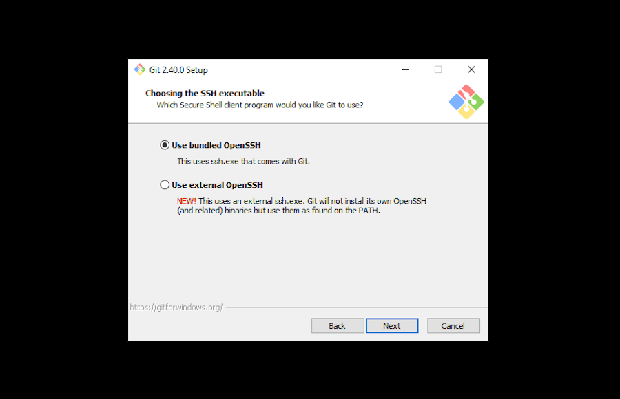 在 Windows Git 安装程序中选择 SSH 可执行文件
