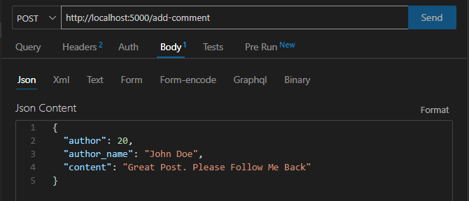 向 /add-comment 端点发出的 POST 请求的 JSON 正文