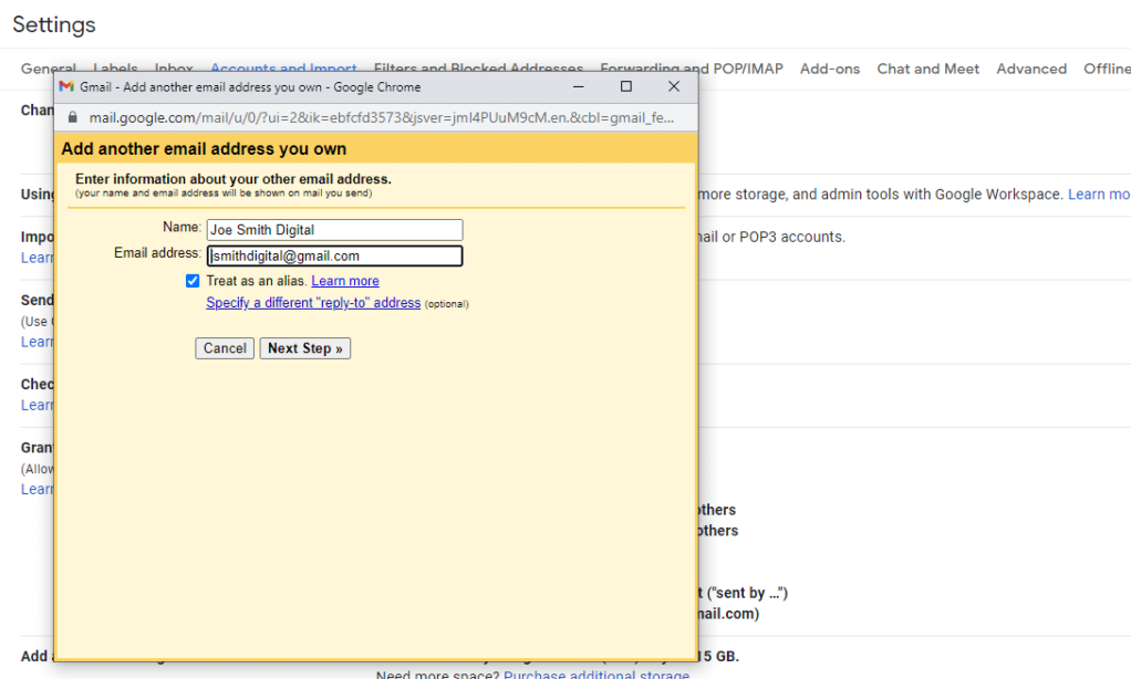 Gmail 的 "Add another email address you own" 设置
