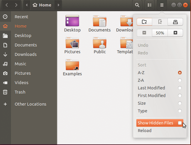 Ubuntu 文件资源管理器模式对话框显示隐藏文件