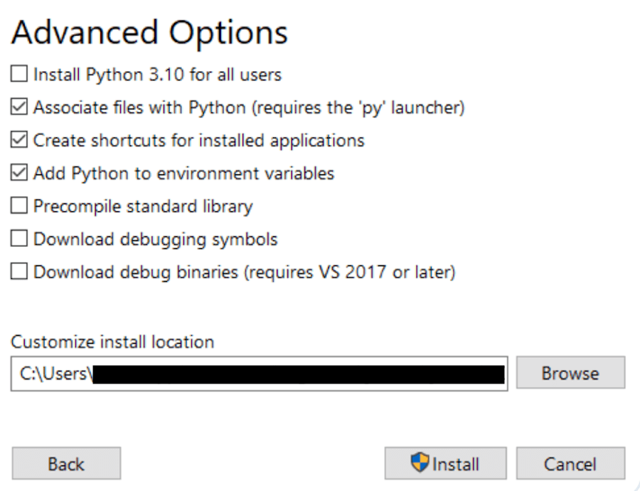 Windows Python 安装程序中的高级选项