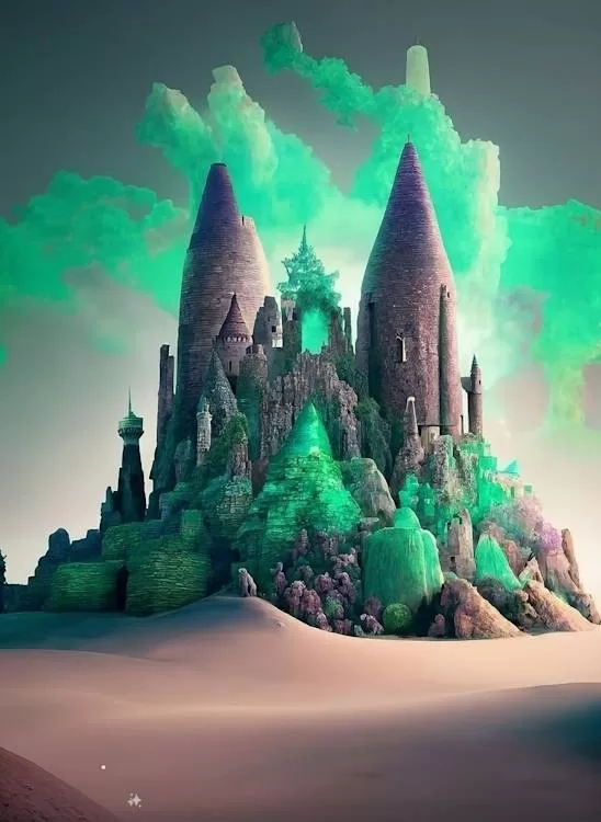 AI生成的紫水晶绿茶色调超现实城堡壁纸