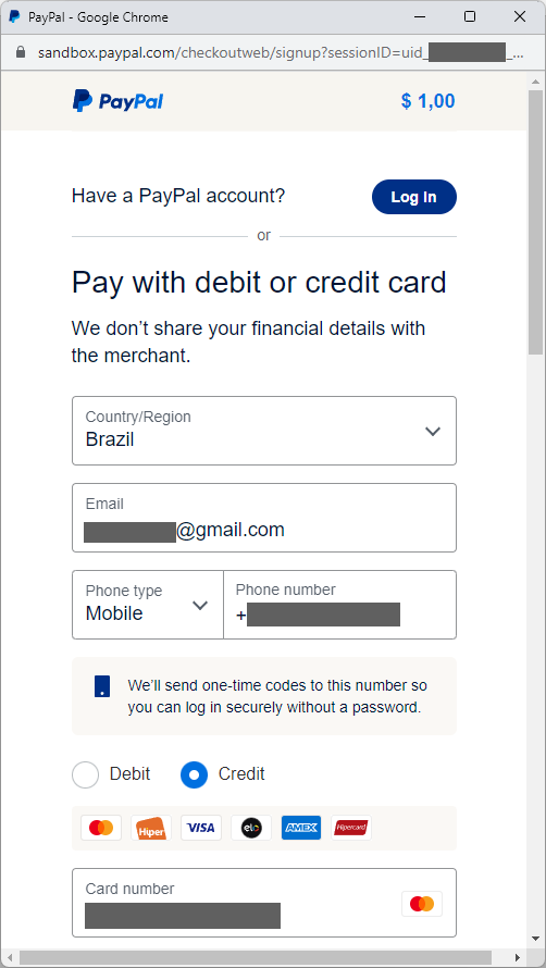 PayPal 流程可选择使用借记卡或信用卡