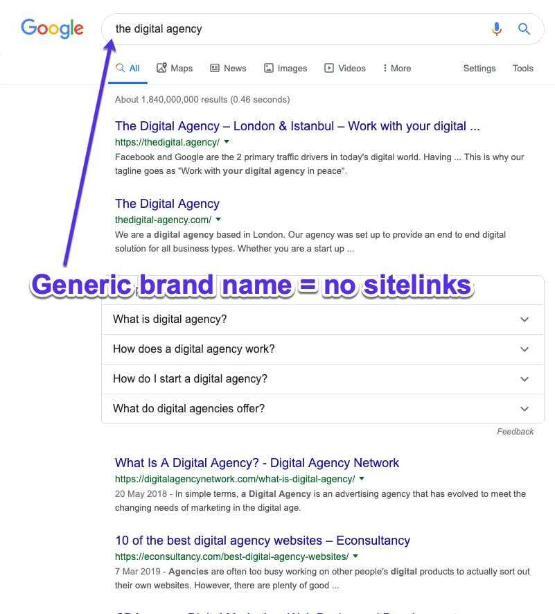 通用品牌名称不利于获得 Google sitelinks