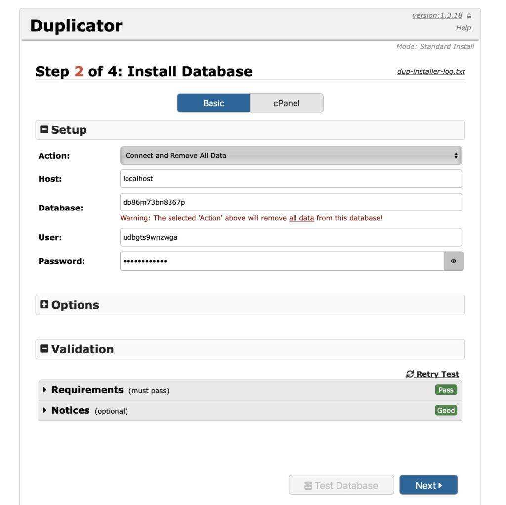 Duplicator 安装程序数据库选项