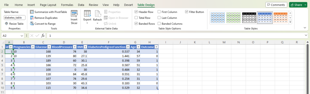 显示云托管数据库数据的 Excel 表