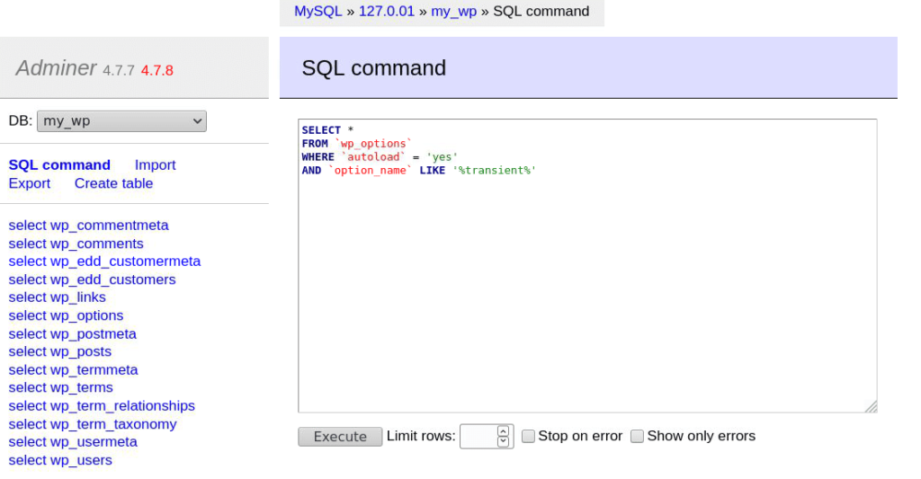 Adminer 中的 SQL 命令视图